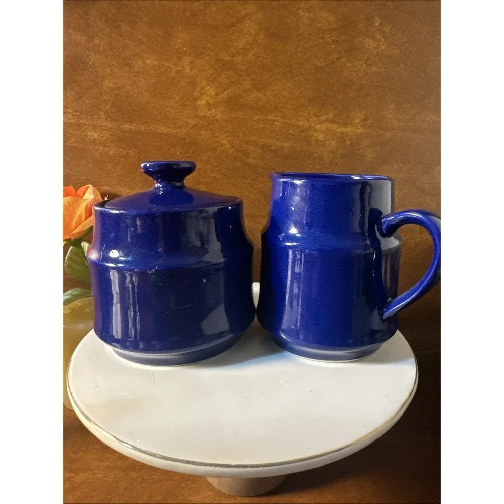 VTG Cobalt Blue Creamer Sugar Set Style Hour Made In Japan